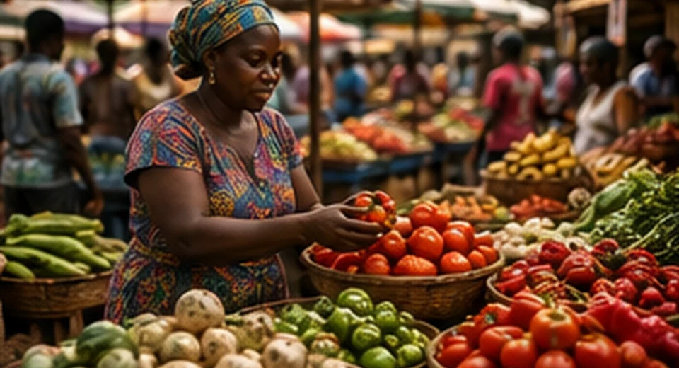 A shopper choosing produce at a market stall